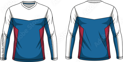 Long sleeve sports jersey mockup, front and back view, blue white red panel design, athletic apparel cad drawing flat vector illustration