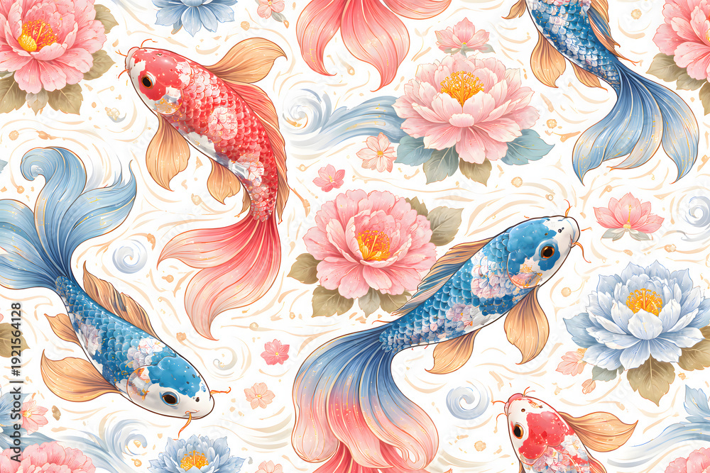Fototapeta premium 牡丹と金魚が舞う華やかな和風背景