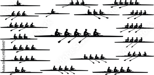 Rowing team boat silhouettes collection isolated on white background, crew race athletes paddling in sync, water sport competition illustration set.