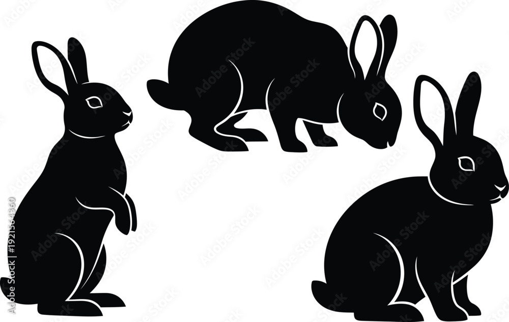 Obraz premium Rabbit silhouette vector set with sitting and grazing poses, black bunny illustration isolated on white background