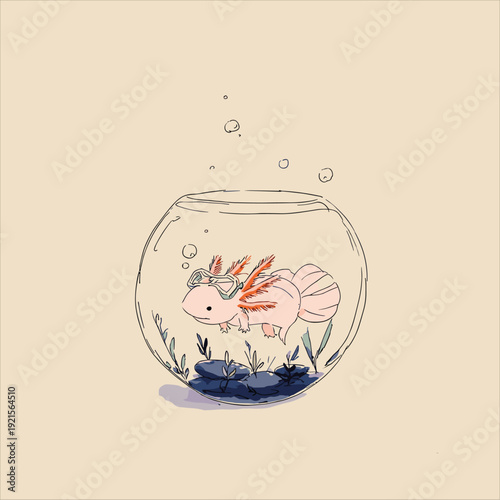 Cute Axolotl in Minimal Fishbowl Scene