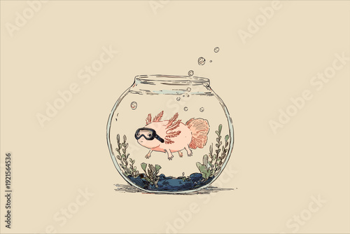 Cute Axolotl in Minimal Fishbowl Scene