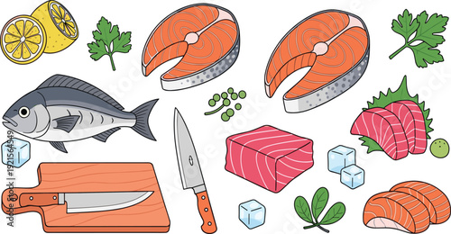 Fresh raw fish and seafood cooking ingredients set, flat vector illustrations with salmon steaks, tuna blocks, whole fish, lemon, knife and cutting board isolated on white background.