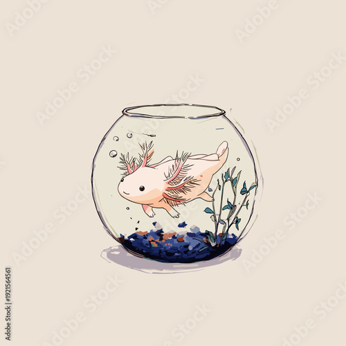 Cute Axolotl in Minimal Fishbowl Scene