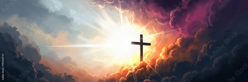 Obraz premium Christian cross and bright sunlight shining from behind in a dramatic cloudy sky background for Easter and spiritual themes.
