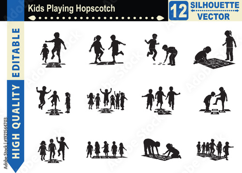 Children playing hopscotch silhouette set. Vector black figures of kids jumping in active street game. Isolated childhood collection.