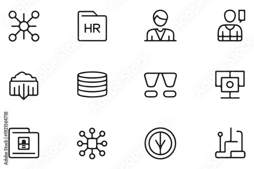 Set of 12 simple line icons on white background, business, finance and office symbols