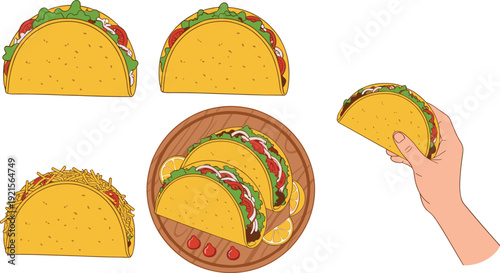 Mexican Taco Set Vector Illustration with Beef, Lettuce and Cheese Filling, Street Food Collection Including Hand Holding Taco and Plate Serving