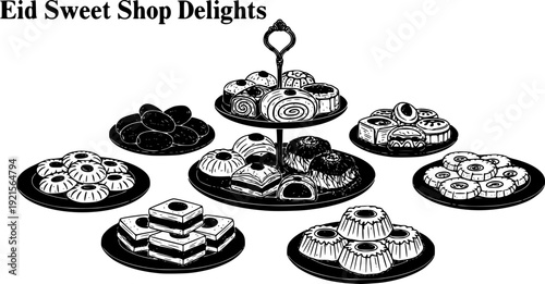Sketch Eid Sweet Shop Delights: A collection of delightful treats and decorations, perfectly embodying the joy of Eid celebrations, a visual feast of culinary charm.