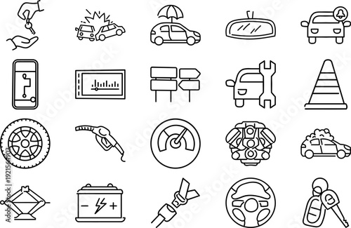 Modern Car Maintenance and Road Assistance Line Icons Set