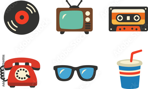 Retro media lifestyle color icon set
