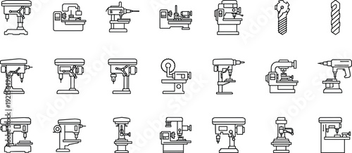 Industrial drilling machine and workshop equipment icon set featuring drill presses, milling machines, and cutting tools, outline vector illustrations for manufacturing and engineering design