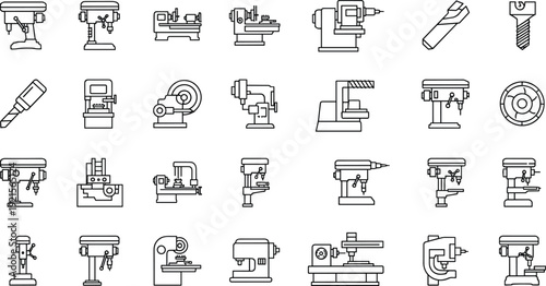 Industrial machine line icon collection vector illustration featuring workshop tools, drilling and milling equipment, mechanical devices, outline style, isolated factory symbols