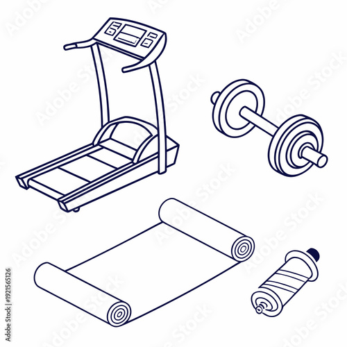 A drawing of a treadmill, dumbbell, yoga mat, and water bottle