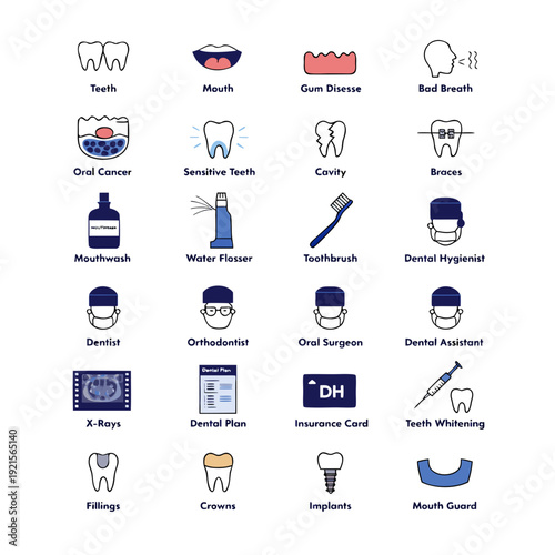 Collection of dental and medical icons and symbols