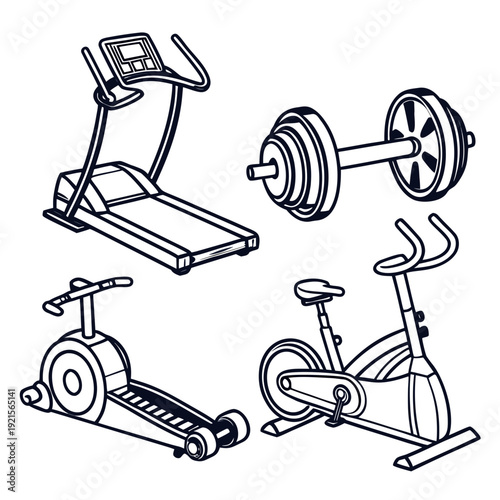 A group of exercise equipment including a treadmill and bicycles