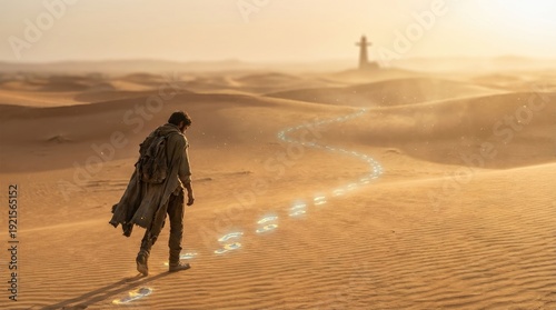 A man walking in desert sand following God's footprint concept. A traveler on a desert path with footprints in the sand.
