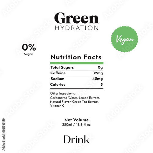Nutrition facts label for green hydration drink