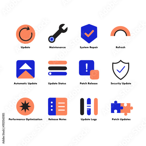 A collection of 12 icons representing various system and software concepts