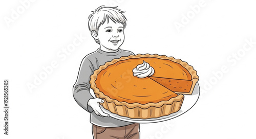 Boy Holding Pumpkin Pie.