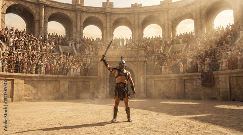 Ancient roman gladiator standing proud in coliseum arena before crowd concept. A victorious gladiator stands triumphantly in an ancient arena.