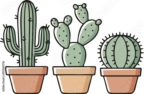 Diverse assortment of three cartoon-style potted cacti, featuring columnar, prickly pear, and barrel varieties, ideal for various design projects and botanical themes