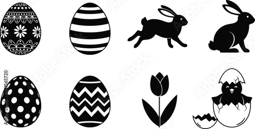 Easter icons set with decorated eggs, rabbits, tulip flower, and hatching chick silhouettes isolated on white background for spring holiday design and festive illustrations