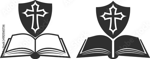 Open book with shield cross, black and white religious education vector, Christian faith knowledge symbol, symmetrical graphic illustration, contrast design concept art