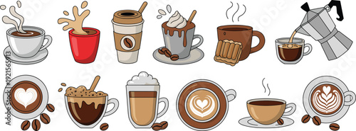 Coffee drinks vector illustration, latte art, cappuccino, espresso, moka pot, whipped cream, steaming mugs, coffee beans, frothy beverages, café menu design