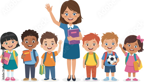 Cartoon female teacher with children, smiling classroom group illustration, education diversity concept, cheerful school kids holding supplies, learning enthusiasm vector art design