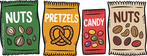 Snack package vector illustration, nuts bag, pretzels pack, candy wrapper, colorful food packaging design, cartoon style, tasty snacks, product icons