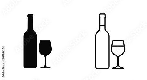 Black and white illustration of wine bottles and glasses