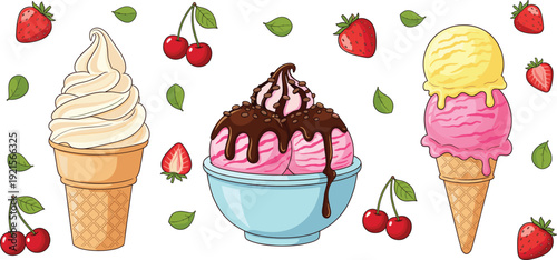 Colorful Ice Cream Cones and Sundae Bowl Vector Illustration with Strawberry, Cherry and Chocolate Toppings, Sweet Summer Dessert Collection Design