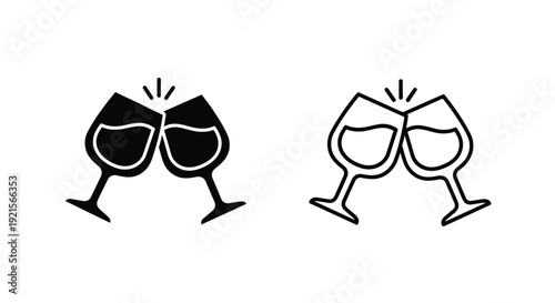Two black and white illustrations of wine glasses toasting each other