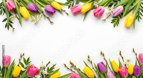 Easter floral border with colorful tulips and greenery for spring