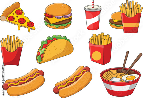 Fast food vector illustration, pepperoni pizza slice, hamburger, French fries, taco, hot dogs, ramen bowl, soft drink cup, cartoon style design