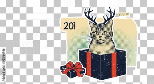 Cat in a gift box with antlers, christmas illustration