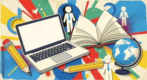 education concept, laptop, book, globe, pencil, learning, knowledge