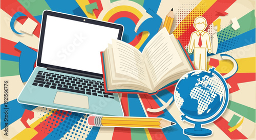 education concept: laptop, book, globe, pencil, teacher