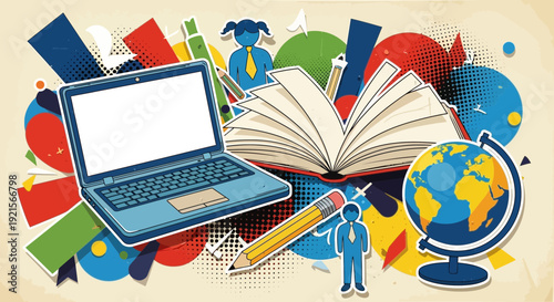 education concept, laptop, book, globe, pencil, learning background