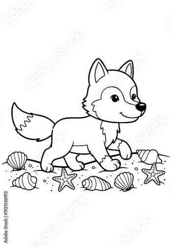 Cute cartoon husky puppy walking on a sandy beach with seashells and starfish.