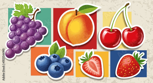 Colorful fruit stickers: grapes, peach, cherries, blueberries, strawberries