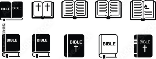 Black and white Bible icons, open and closed book designs, Christian cross symbols, dove illustration, religious education vector art, faith graphic concept