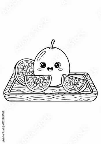 Cute Kawaii Orange Fruit Slices on Wooden Cutting Board Coloring Page.