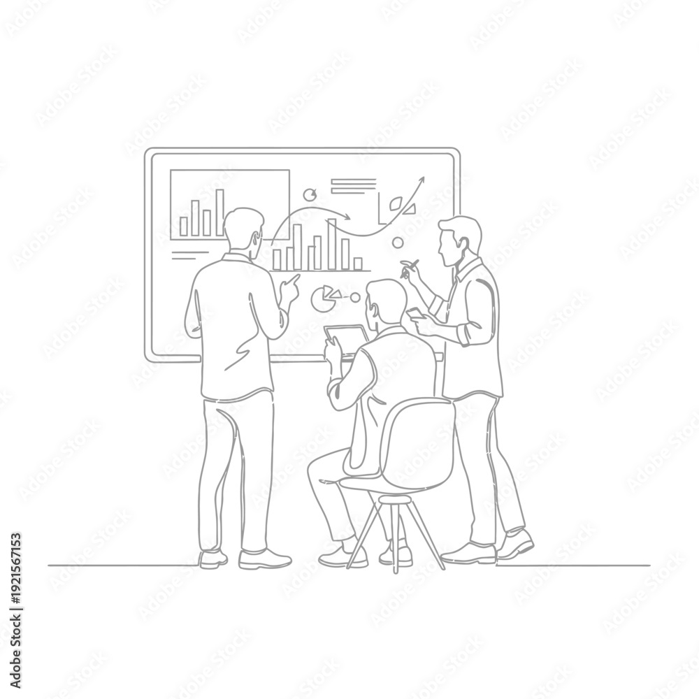 Fototapeta premium Minimal line art of team members discussing project goals in front of dashboard