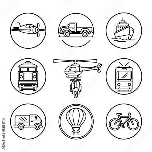 Iconic Transport Collection: A curated collection of diverse transportation icons, each encapsulated within a circular frame, representing various modes of travel and conveyance.