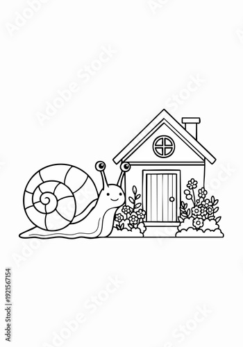 Cute cartoon snail with a house and flowers coloring page.