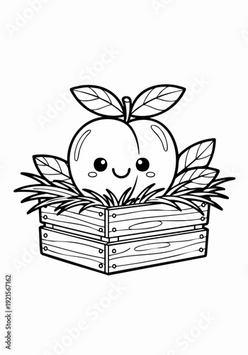 Cute Kawaii Peach Character in a Wooden Crate Illustration.