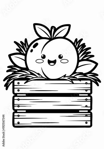 Cute Kawaii Peach Character in a Wooden Crate with Leaves.