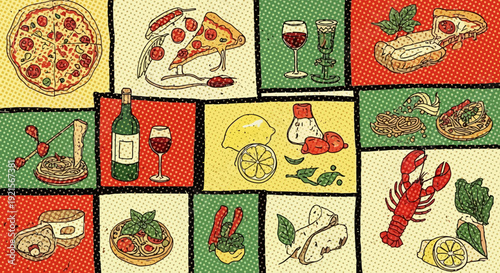 Italian food collage pizza pasta wine